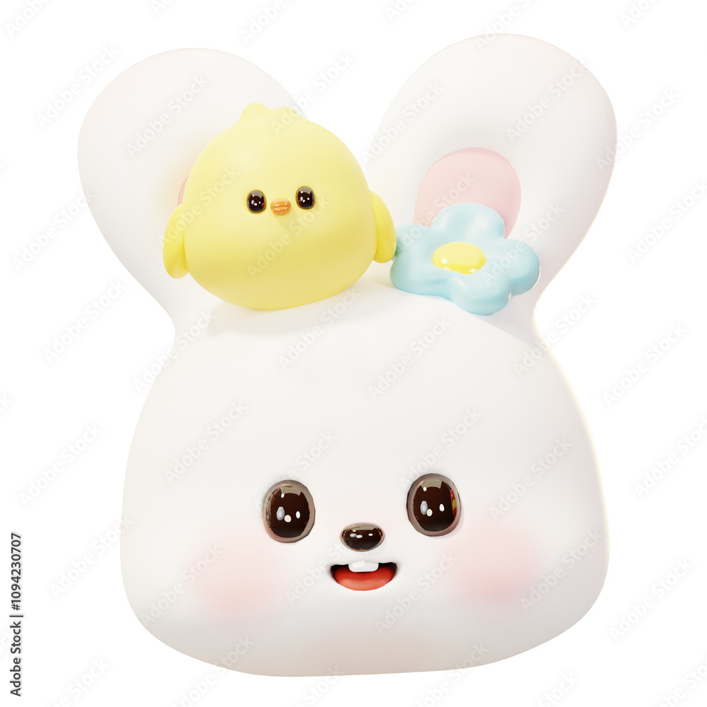 Little Easter rabbit and baby chicken happy face. Animal head emoji. 3D Cute Cartoon Happy Easter day festival. Spring holiday Little Easter rabbit and baby chicken happy face. Animal head emoji. 3D Cute Cartoon Happy Easter day festival. Spring holiday