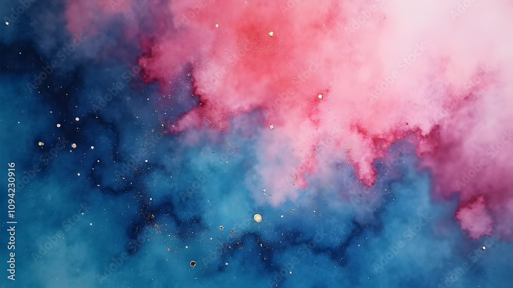 Fototapeta premium Nebula in Bloom Pink, Teal, and Navy Watercolor with Stardust Effect Background