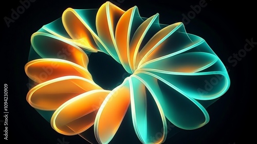 Vibrant Neon Abstract Digital Art with Swirling Ribbons and Geometric Patterns on Black Background