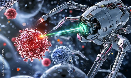 Futuristic nanobot operating, destroying a cancer cell with a laser inside a human body photo