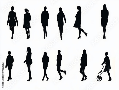 Silhouette Illustrations of People in Various Poses, Black Contours on White Background, Icon Set of Human Figures