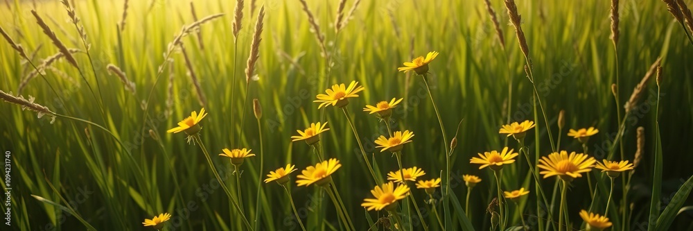 Fototapeta premium Yellow wildflowers swaying gently in the breeze against a backdrop of tall green grasses with sunlight filtering through, field flowers, yellow wildflowers, sunny day atmosphere