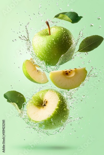 Fresh Green Apples with Splashing Juice and Leaves on Mint Green Background for Healthy Summer Beverage Advertising