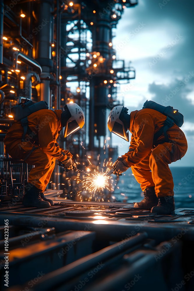 Offshore workers welding metal at night with sparks flying in an industrial setting Offshore workers welding metal at night with sparks flying in an industrial setting