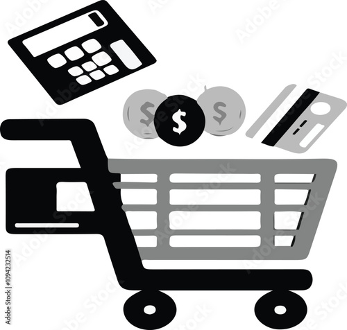 Print  ecomerse shopping cart, calculator, money and payment card vector illustration design