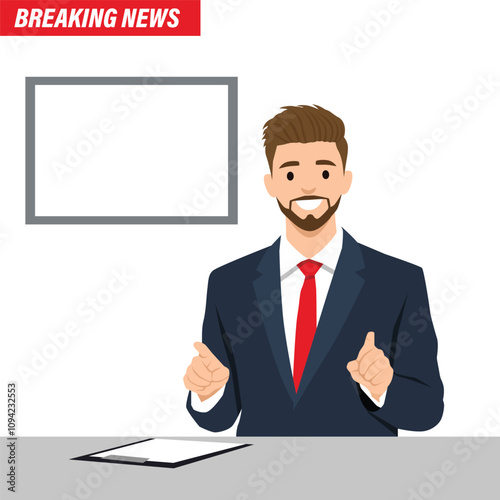 Young man News anchor or newsreader character. Flat vector illustration isolated on white background