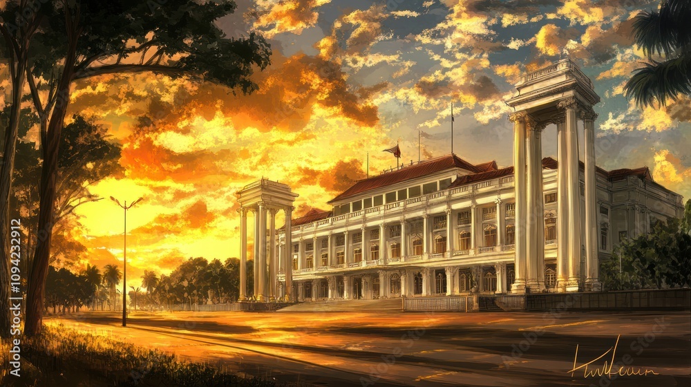 Fototapeta premium A grand building illuminated by a vibrant sunset, showcasing architectural beauty.