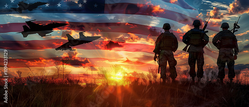 Soldiers in silhouette stand proudly with the USA flag at sunset, double exposure blending the sky with Navy fighters in flight, creating a powerful image for Veterans Day celebrations