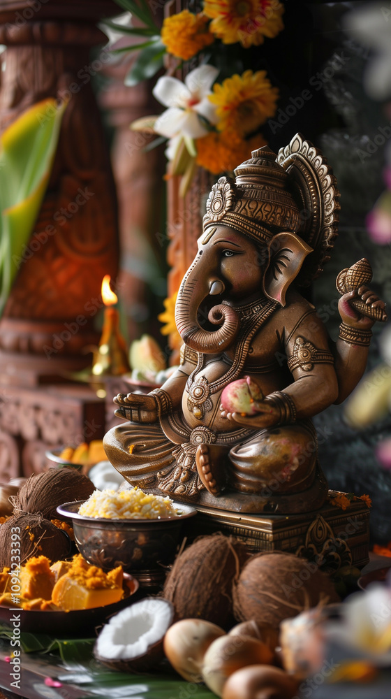 A close-up view of symbolic offerings like coconuts, jaggery, and fresh fruits placed before a Ganesh idol on an ornate altar during the festivities, emphasizing gratitude and devotion A close-up view of symbolic offerings like coconuts, jaggery, and fresh fruits placed before a Ganesh idol on an ornate altar during the festivities, emphasizing gratitude and devotion