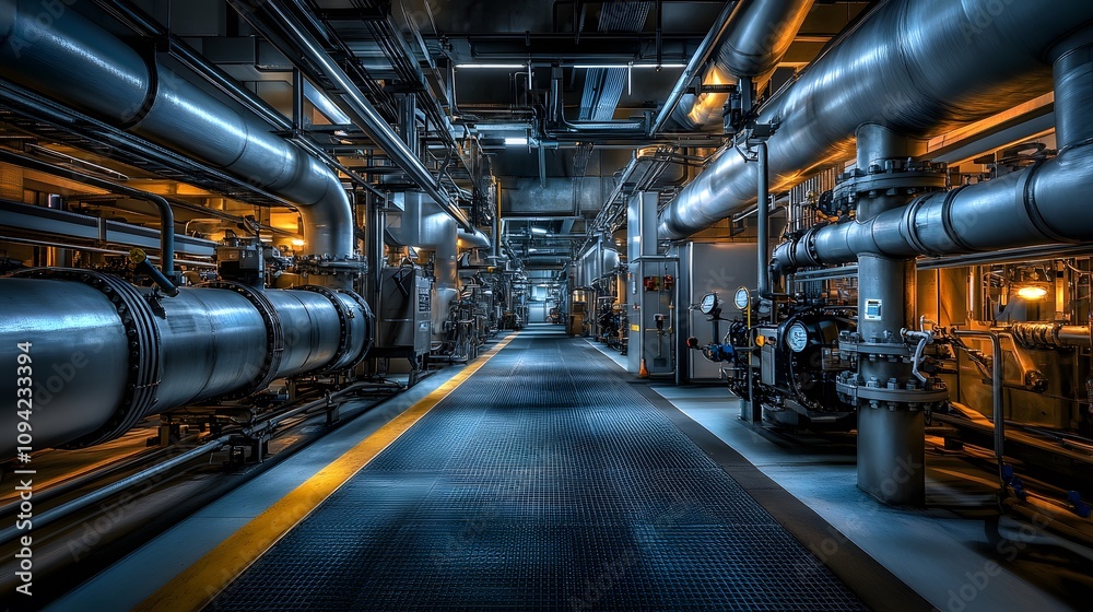 Natural gas processing facility, complex piping systems, clean industrial look Natural gas processing facility, complex piping systems, clean industrial look