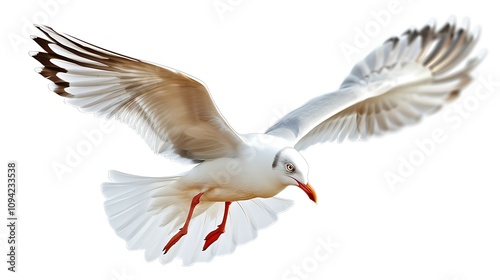 A seagull in flight with wings outstretched, isolated on a white background.