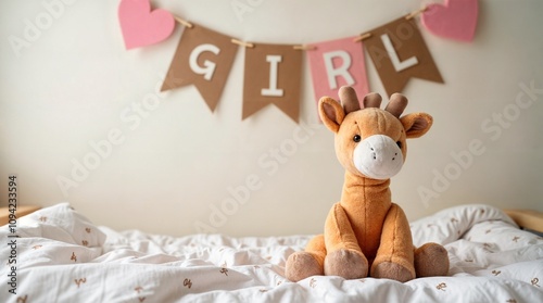 Charming Giraffe Toy on Bed in Girl's Nursery. Suitable for birthday, baby shower, home decor, greeting card, poster.
