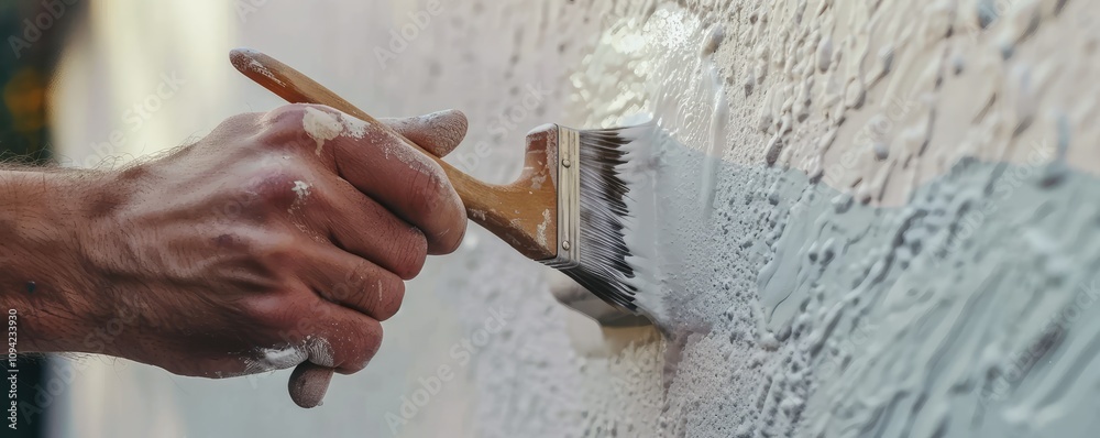 Obraz premium Painting a wall with brush for fresh finish.