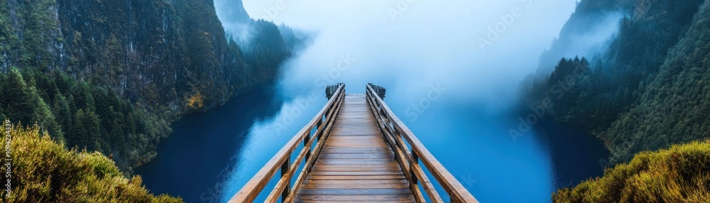 A serene wooden bridge leading into a misty lake surrounded by lush greenery. A serene wooden bridge leading into a misty lake surrounded by lush greenery.