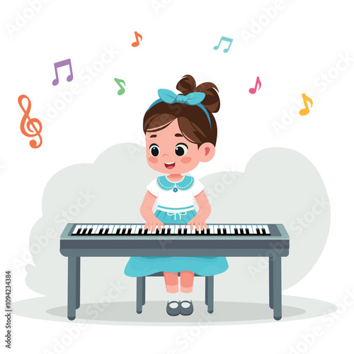 little kid girl play piano and feeling happy