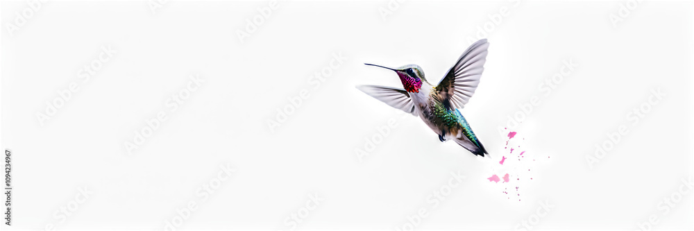 Obraz premium A vibrant watercolor painting of a hummingbird in flight, with soft, flowing brushstrokes capturing its delicate feathers and movement. The bird is perched mid-air, surrounded by subtle watercolor 