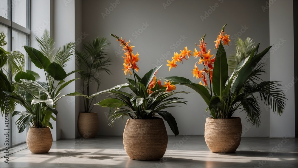 Fototapeta premium Beautiful indoor plants with vibrant orange flowers in modern interior space