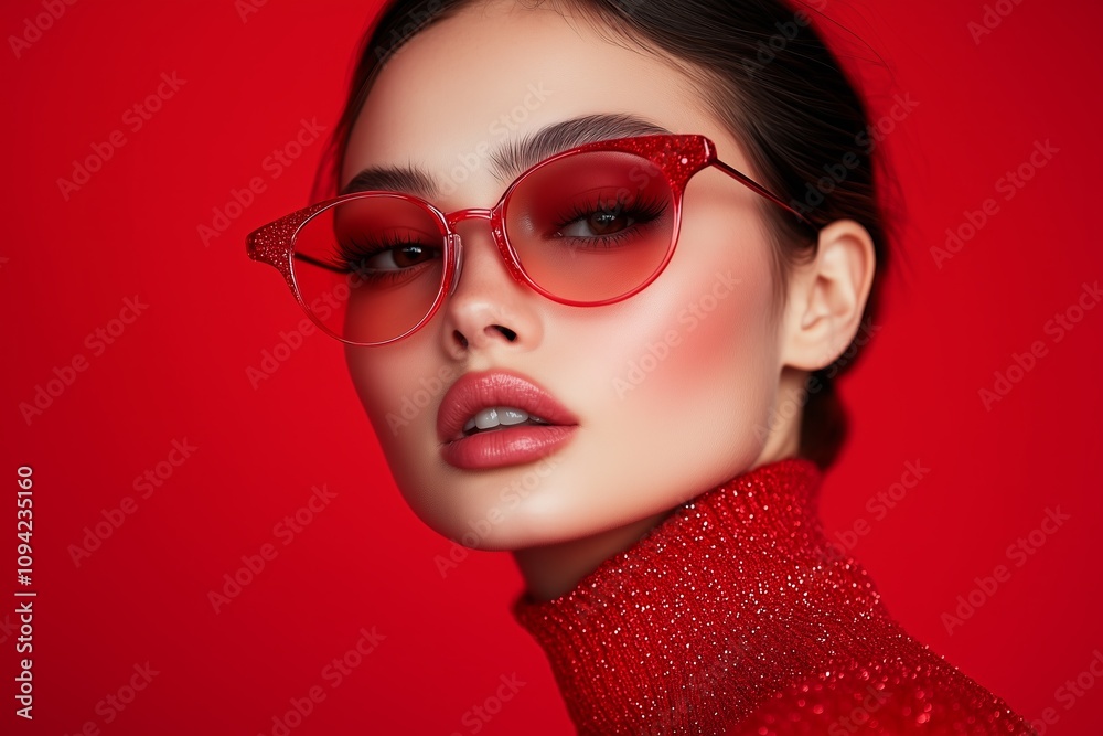 fashion model with sleek high ponytail wearing red Christmas tree shaped glasses and dressed as an elf poses on an isolated red background fashion model with sleek high ponytail wearing red Christmas tree shaped glasses and dressed as an elf poses on an isolated red background