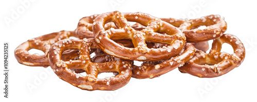 Isolated side view of a pile of salted pretzels on a white surface.