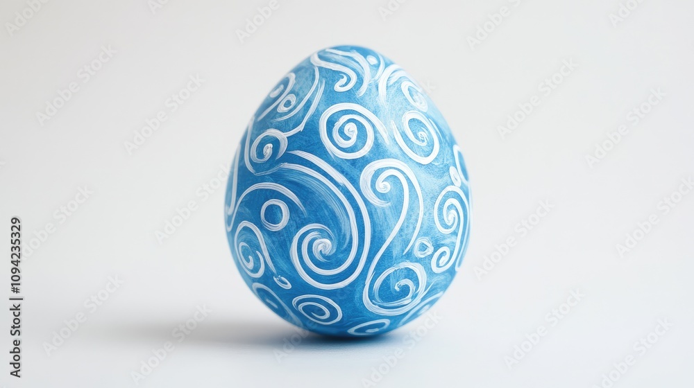 Beautifully Hand-Painted Blue Egg with Intricate White Swirl Patterns on a Light Background, Perfect for Celebrating Spring Festivals and Easter Designs Beautifully Hand-Painted Blue Egg with Intricate White Swirl Patterns on a Light Background, Perfect for Celebrating Spring Festivals and Easter Designs