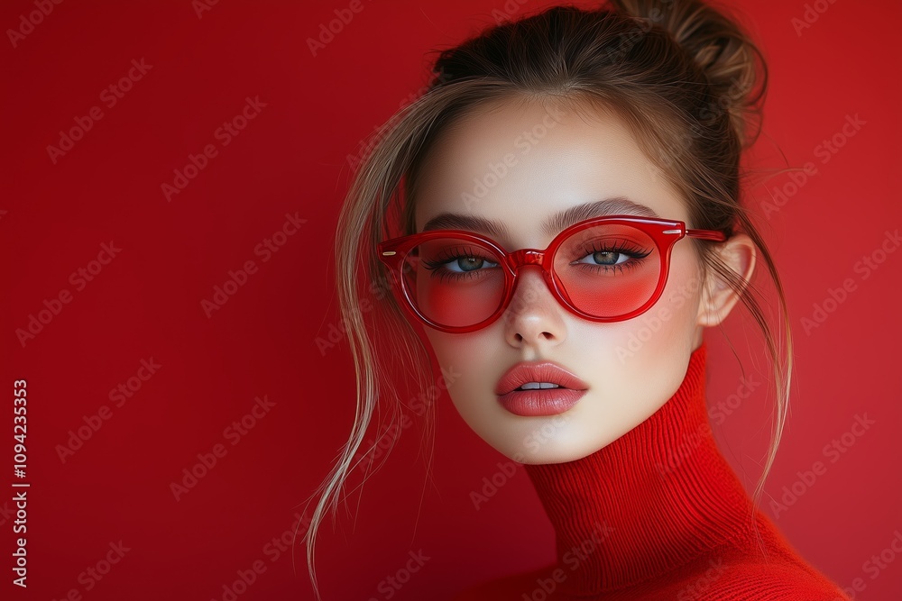 fashion model with sleek high ponytail wearing red Christmas tree shaped glasses and dressed as an elf poses on an isolated red background fashion model with sleek high ponytail wearing red Christmas tree shaped glasses and dressed as an elf poses on an isolated red background