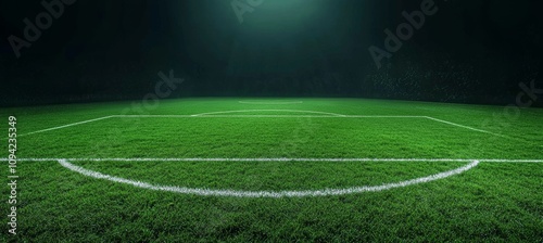 soccer field night spotlight green grass empty arena dramatic fog centerline goal line photo