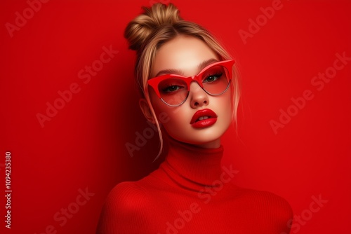 fashion model with sleek high ponytail wearing red Christmas tree shaped glasses and dressed as an elf poses on an isolated red background