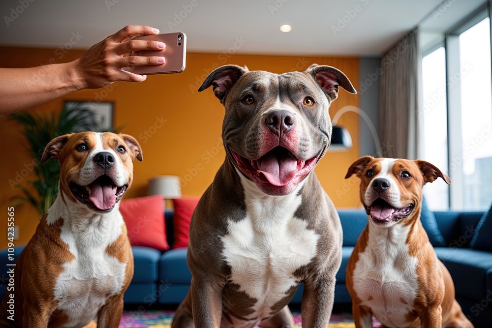 Energetic Pitbull Playfully Posing for Selfies with Dog Friends in a Lively Modern Setting Energetic Pitbull Playfully Posing for Selfies with Dog Friends in a Lively Modern Setting