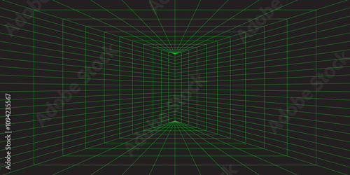 3D green wireframe. Perspective lines room. Digital background with vector grid.