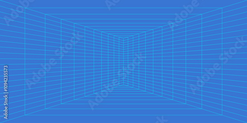 3d blue wireframe grid room. Perspective laser cyberspace dark background