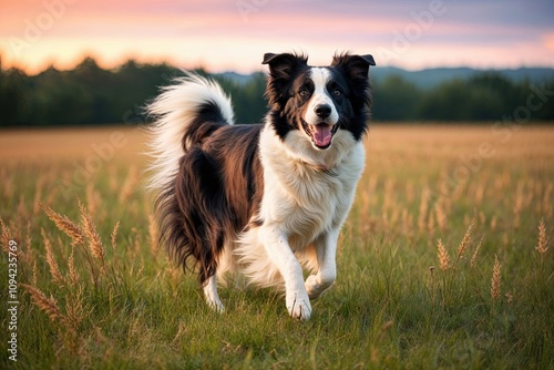 Vibrant Digital Artwork of Playful Border Collie in a Sunny Field photo