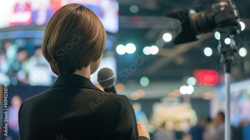 Focused journalist holding a microphone in a dynamic newsroom. Media education, photography, news reporting, media industry, information transmission, journalists, news release