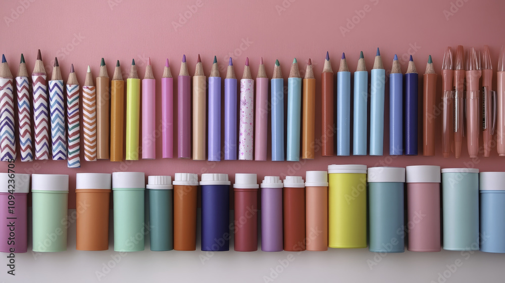 Fototapeta premium Colorful art supplies arranged neatly on pink background, creating cheerful atmosphere