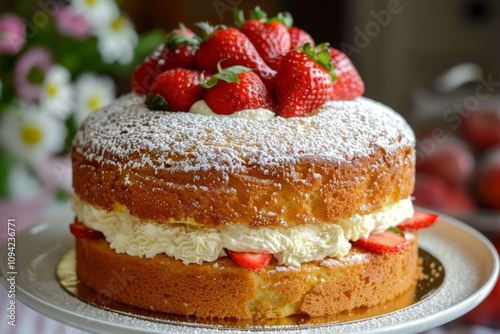 Delicious Fresh Strawberry Cake with Whipped Cream and Dusting of Powdered Sugar, Perfect for Celebrations, Birthdays, and Special Occasions