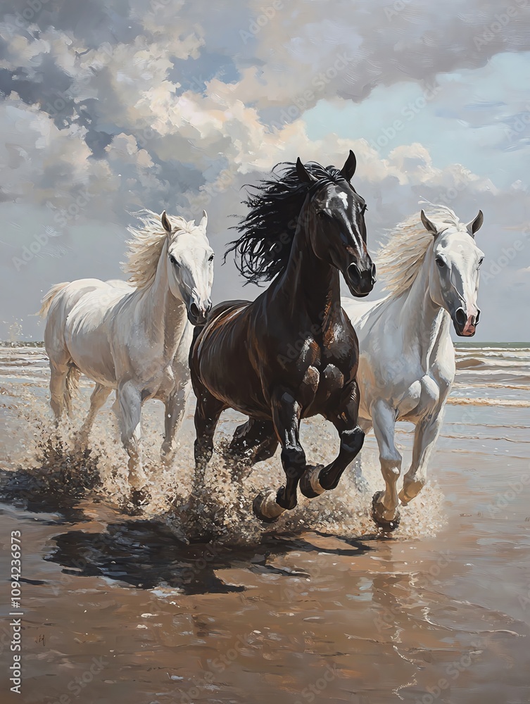 Three majestic horses galloping through shallow water, creating splashes under a dramatic sky. Three majestic horses galloping through shallow water, creating splashes under a dramatic sky.