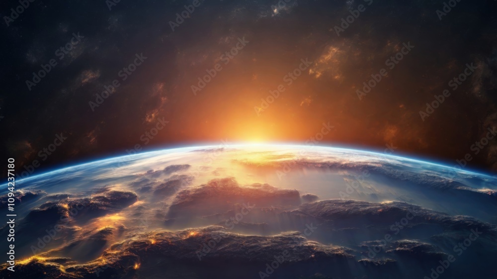 Fototapeta premium Bright sunrise over Earth from space showcasing vibrant colors and cloud formations