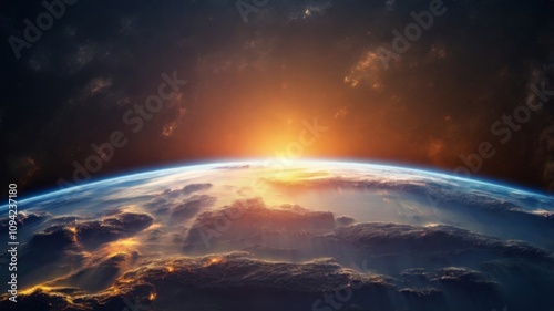 Bright sunrise over Earth from space showcasing vibrant colors and cloud formations