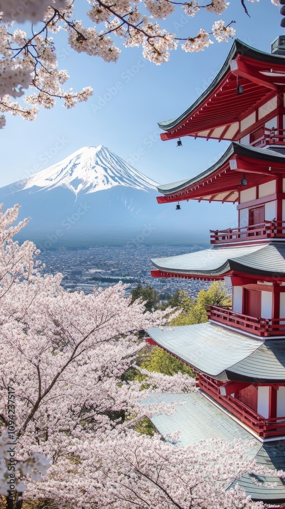 Beautiful spring cherry blossoms framing a scenic view of Mount Fuji in the background, capturing the serene essence of Japan. Beautiful spring cherry blossoms framing a scenic view of Mount Fuji in the background, capturing the serene essence of Japan.
