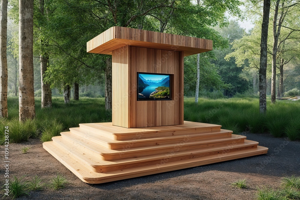 3D Visualization of Unique Wooden Podium in Serene Nature Setting 3D Visualization of Unique Wooden Podium in Serene Nature Setting