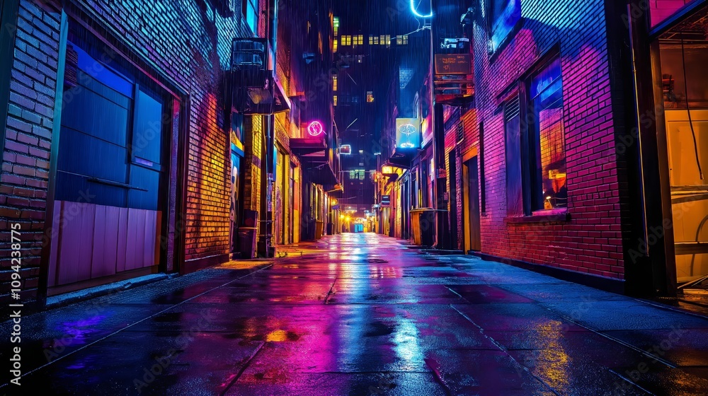 Neon-lit cyberpunk alleyway at night with wet pavement Neon-lit cyberpunk alleyway at night with wet pavement