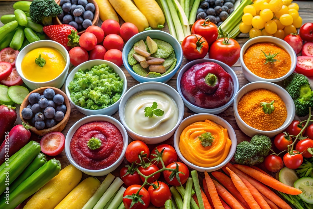 A colorful array of fresh vegetables, fruits, and dips arranged for healthy snacking A colorful array of fresh vegetables, fruits, and dips arranged for healthy snacking