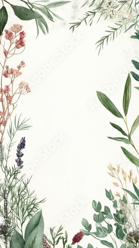 Flower border with empty space in the center, floral leaf element