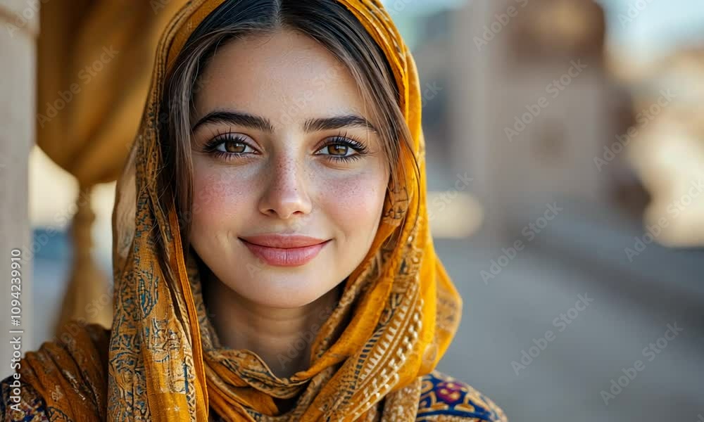 A young woman in traditional attire smiles warmly at the camera. A young woman in traditional attire smiles warmly at the camera.