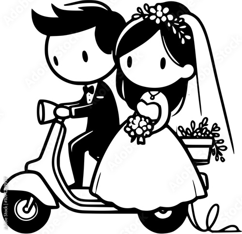 romantic scooter, romantic couple in wedding car, bride and groom on bicycle, romantic newlyweds riding a vintage bike, honeymoon couple motorcycle, love carriage, wedding scooter, love scooter