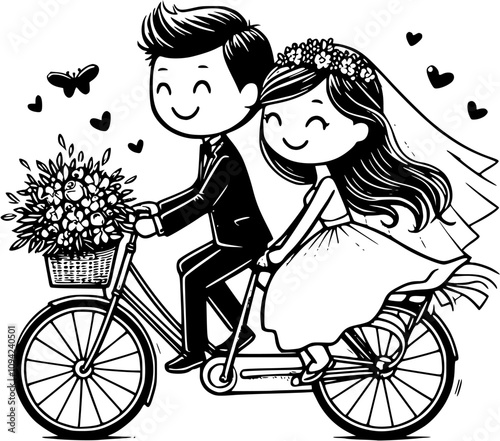 Wedding bicycle and scooter, just married couple cycling, bride and groom on tandem bike, honeymoon scooter ride, vintage wedding vespa, romantic tricycle, newlyweds on a classic bicycle, love moped