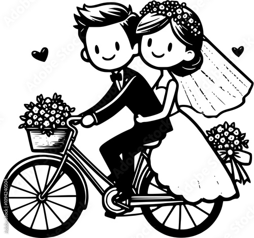 Wedding bicycle and scooter, just married couple cycling, bride and groom on tandem bike, honeymoon scooter ride, vintage wedding vespa, romantic tricycle, newlyweds on a classic bicycle, love moped