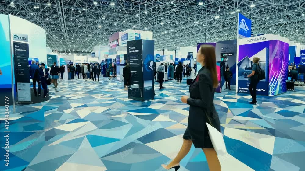 Large technology conference showcasing innovative displays and networking opportunities in a modern exhibition hall