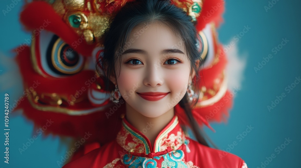 A young girl in traditional festive attire with lion dance head symbolizing joy and cultural pride during festive celebrations A young girl in traditional festive attire with lion dance head symbolizing joy and cultural pride during festive celebrations