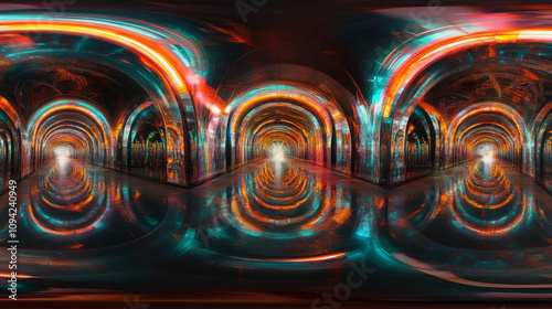 360 degree panorama view.A futuristic, dark hall with neon lights is shown in a 3D image.  The reflective surfaces and abstract design create a dramatic, panoramic view. photo