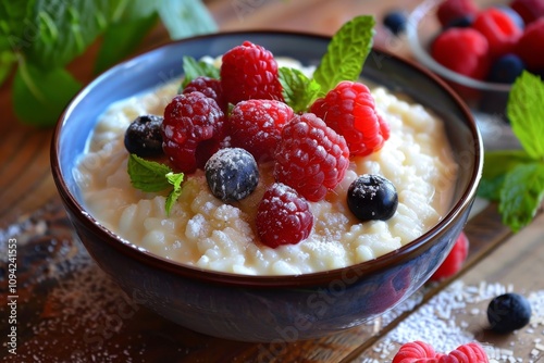 Creamy Rice Pudding Bowl Topped with Fresh Raspberries, Blueberries, and Mint Leaves for a Delicious Dessert or Breakfast Treat